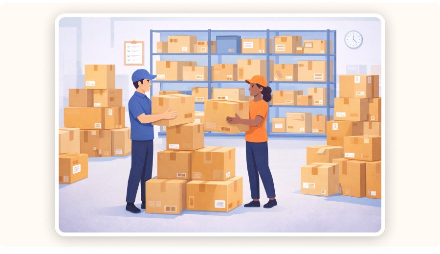warehouse workers organizing dropshipping supplier boxes