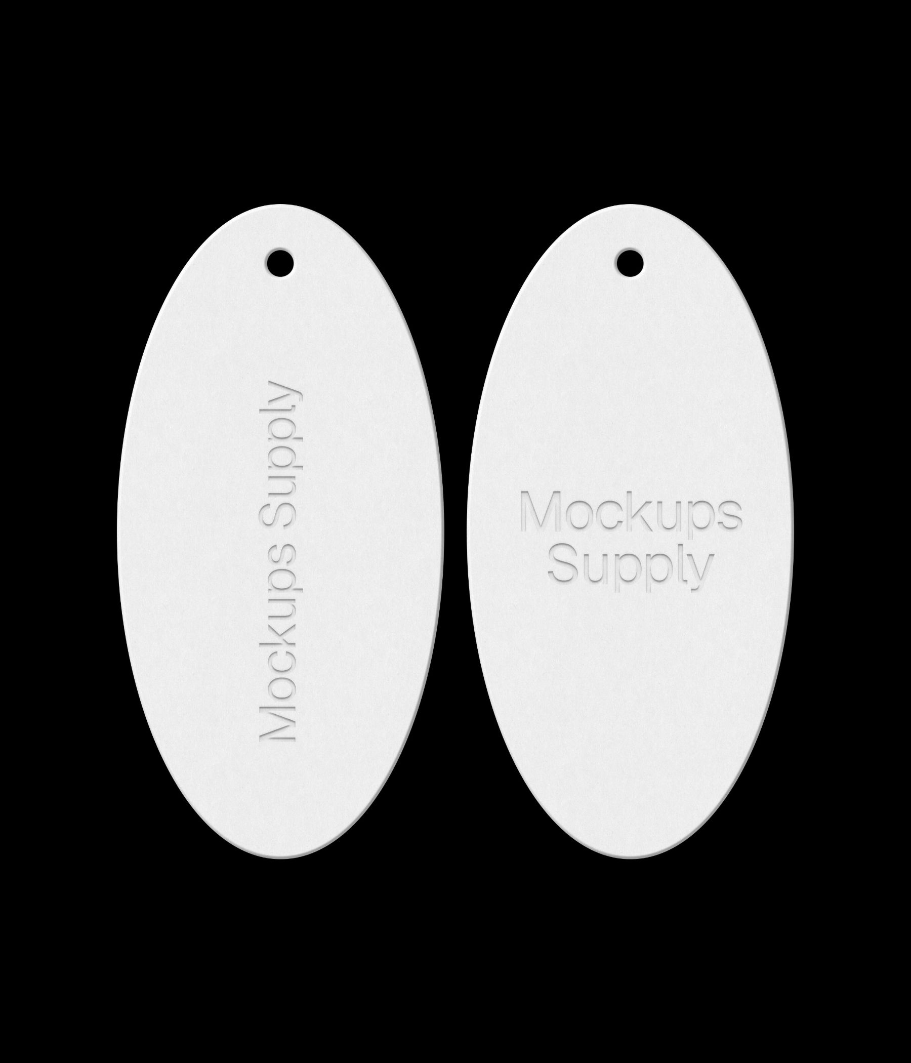 White oval hang tags on black background with debossed text effect photoshop mockup PSD template set