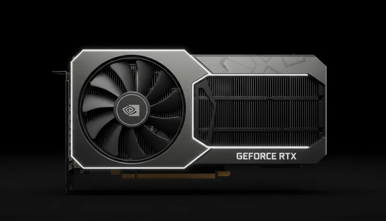 DSLR product shot of a high-end NVIDIA RTX 4090 Founders Edition graphics card, profile view, centered on a pure black background. Soft studio lighting highlights the precise textures of the dark gunmetal gray aluminum frame and the matte black heatsink fins. The entire graphics card is in sharp focus, emphasizing its clean, industrial design with a prominent cooling fan on the left.