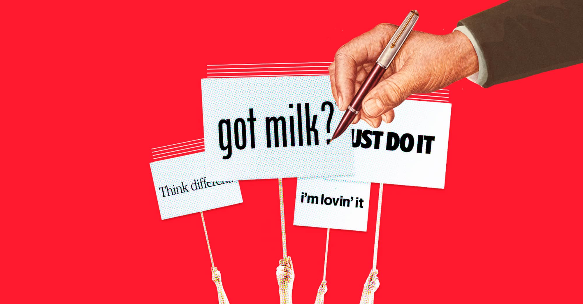 Mano sosteniendo bolígrafo sobre carteles publicitarios con eslóganes populares en fondo rojo.
