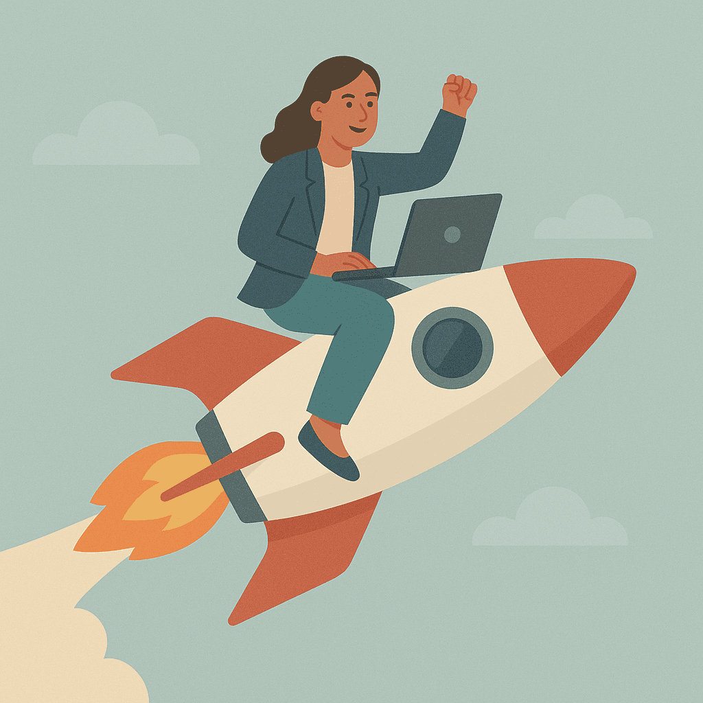 Person riding a rocket, simbolising scaling the company