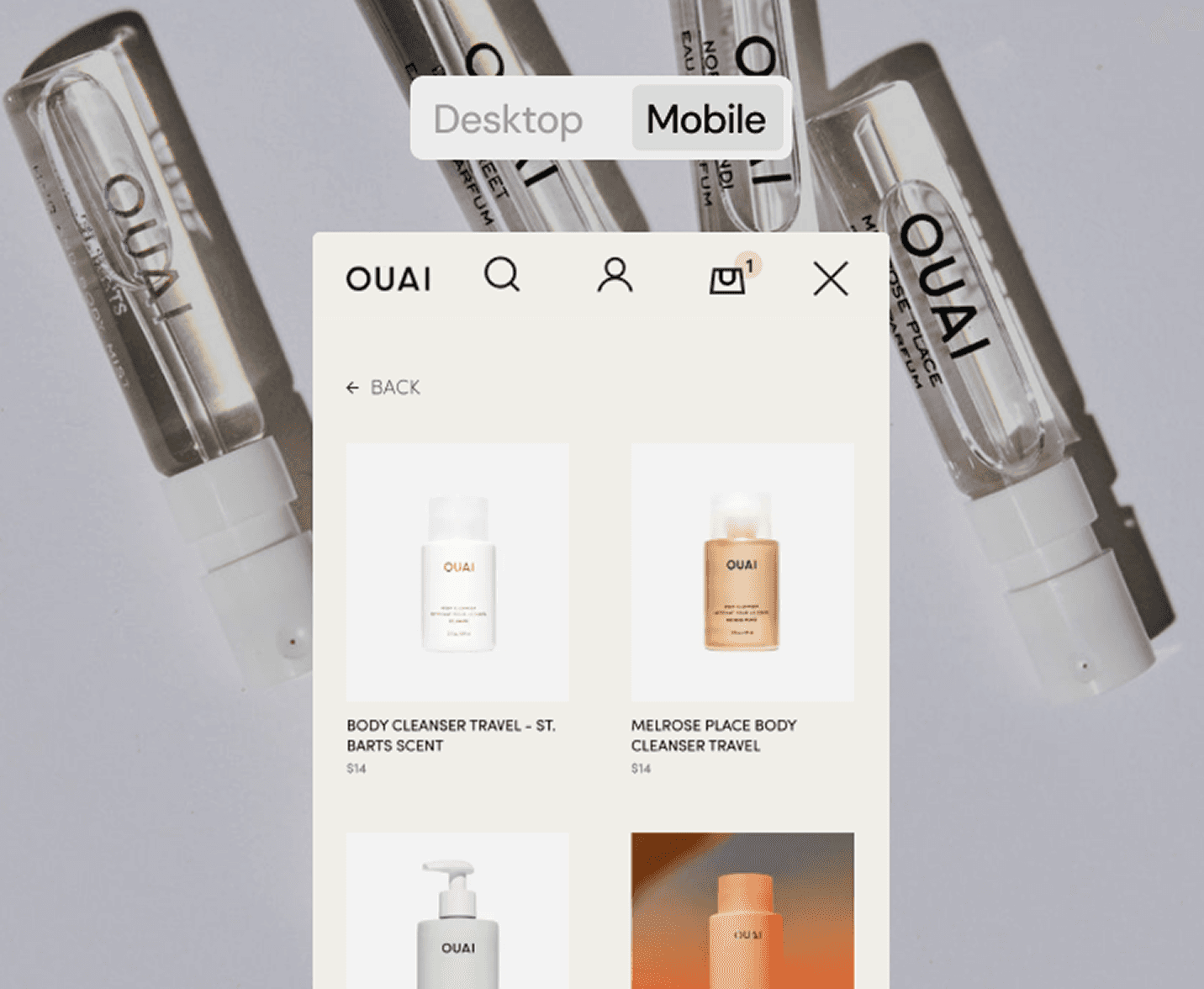 A mobile e-commerce interface for the OUAI brand is displayed over a background of OUAI perfume sample vials. The interface shows a product listing with images and prices for items like “Body Cleanser Travel – St. Barts Scent,” “Melrose Place Body Cleanser Travel,” and “Detox Face Cleanser.” A promotional badge at the bottom left reads “GET 15% OFF.” At the top, navigation icons include search, account, and shopping bag, with "Mobile" selected in the view toggle.