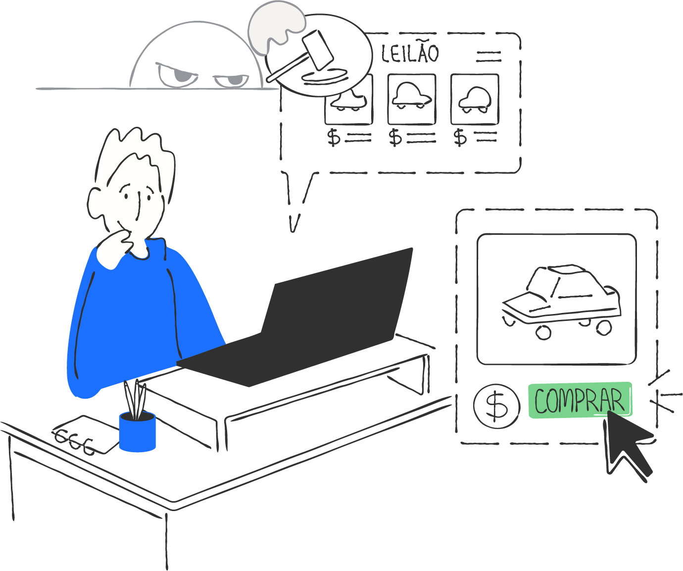 Ilustração de uma pessoa sendo atraída por um falso leilão de veículos online, com um criminoso ao fundo enquanto o cursor clica no botão de compra de um anúncio fraudulento.