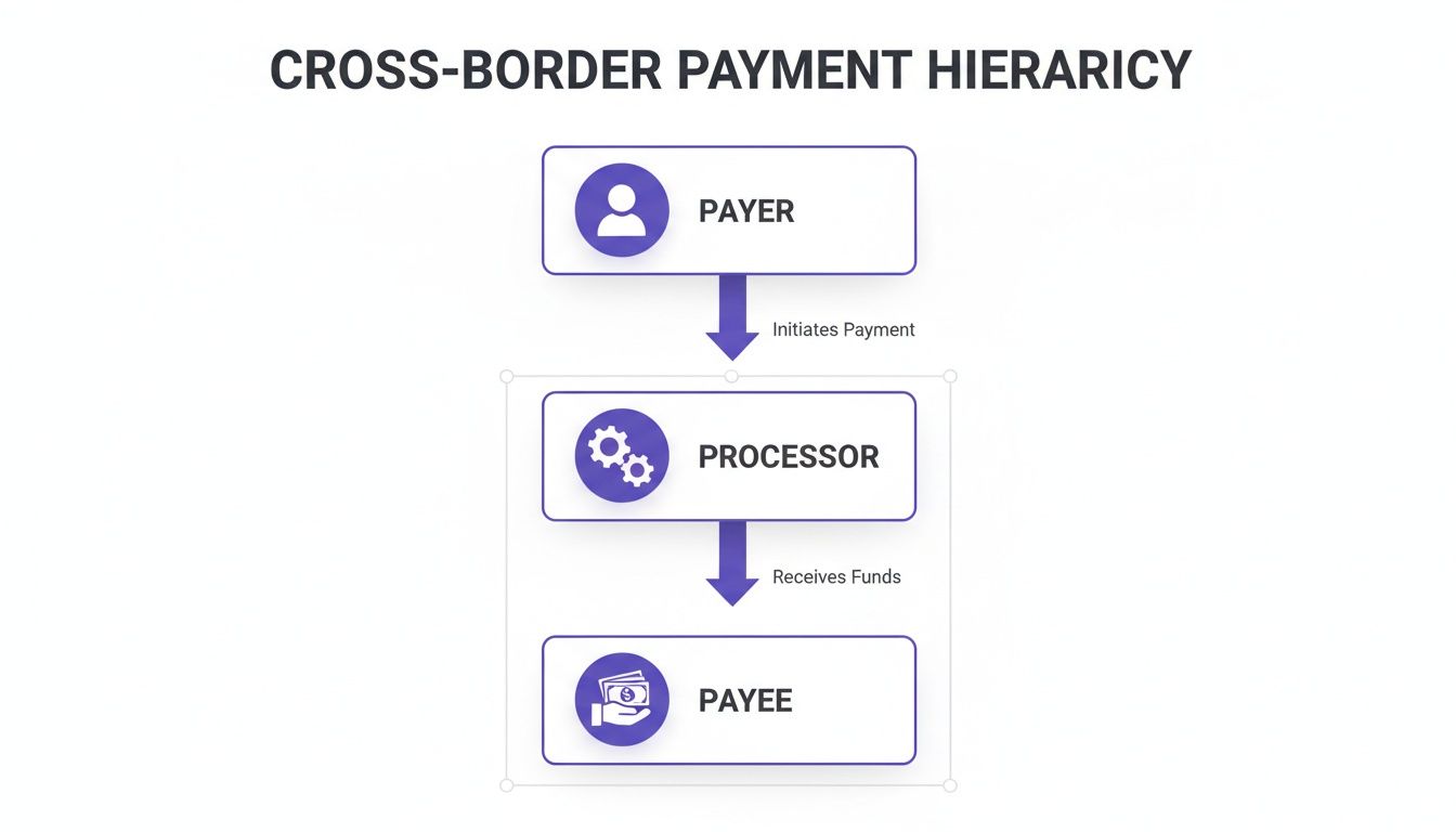 A diagram illustrating the cross-border payment hierarchy from Payer to Processor to Payee.