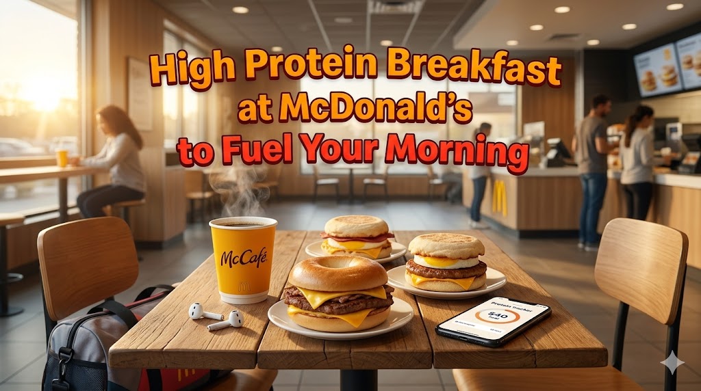 A high-protein McDonald's breakfast spread on a wooden table featuring an Egg McMuffin, Sausage McMuffin with Egg, and Steak, Egg, & Cheese Bagel, next to McCafé coffee, earbuds, and a fitness tracker app at sunrise.
