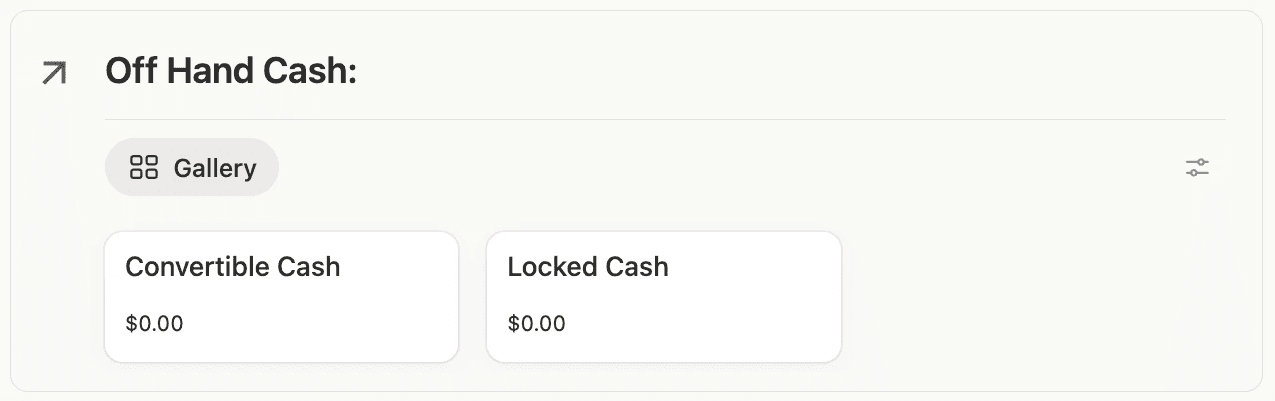 Off hand cash breakdown showing convertible cash and locked cash both at $0.00