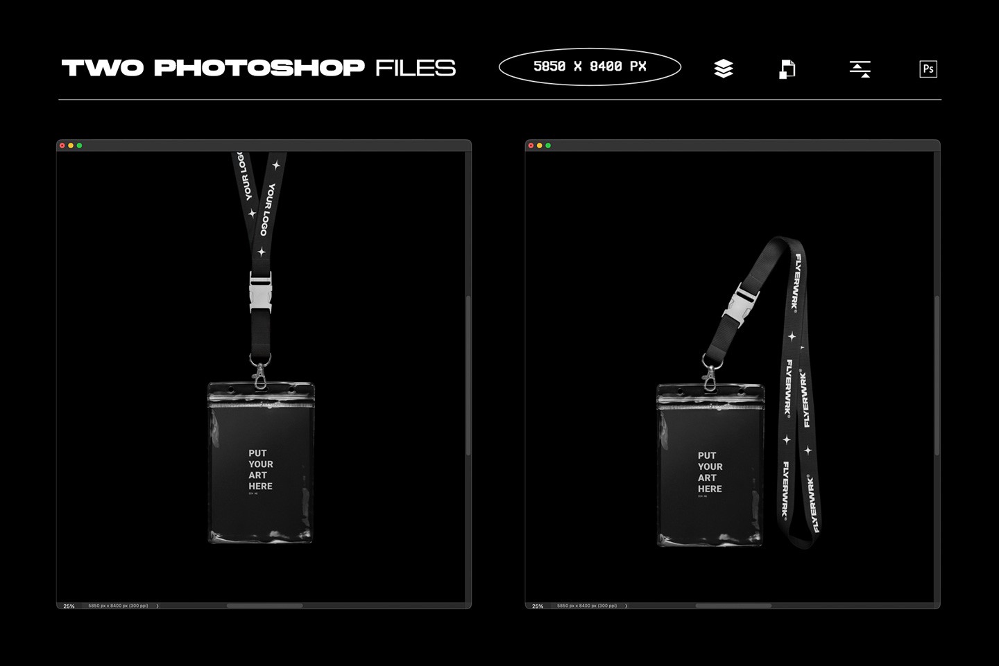 Preview of two high-resolution Photoshop files included in the authentic lanyard and ID badge mockup