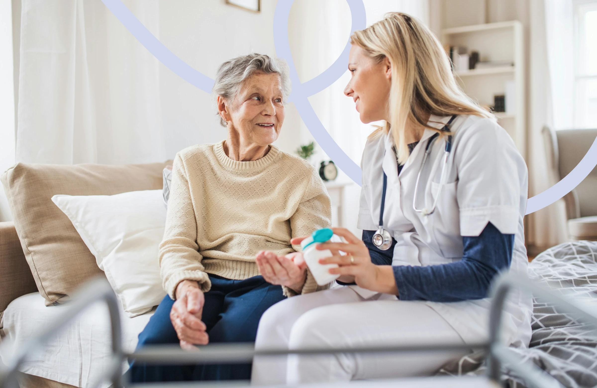 Community nurse providing wound care assessment to older client at home in Brisbane