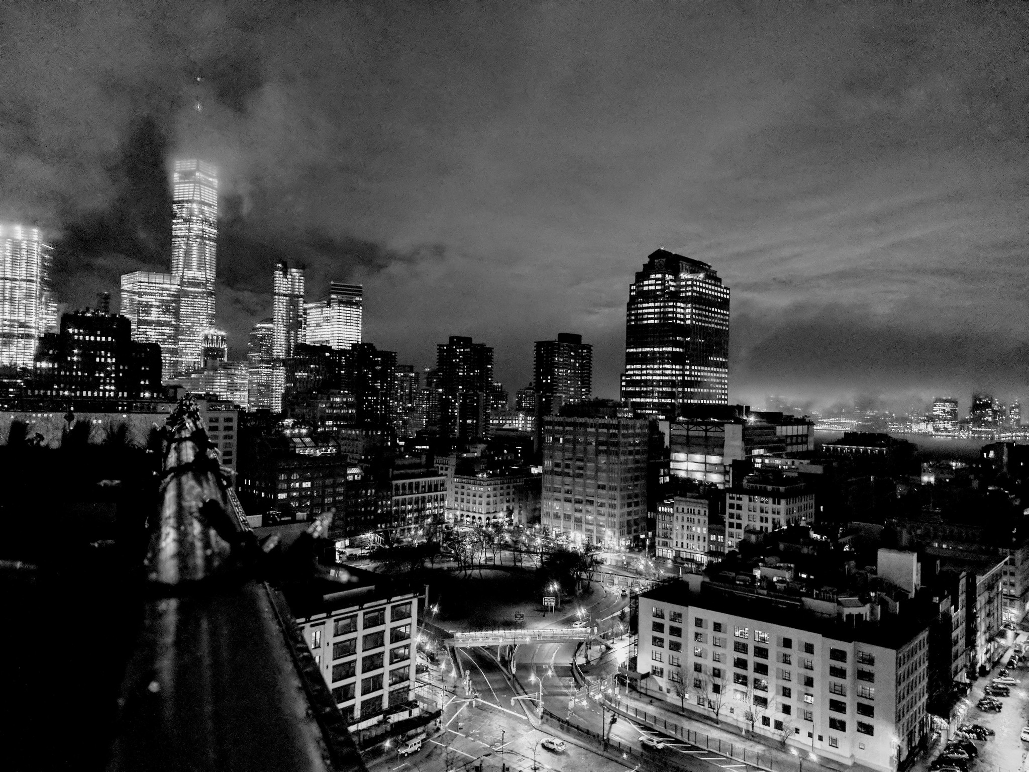 Cityscape at night of Fidi, NYC