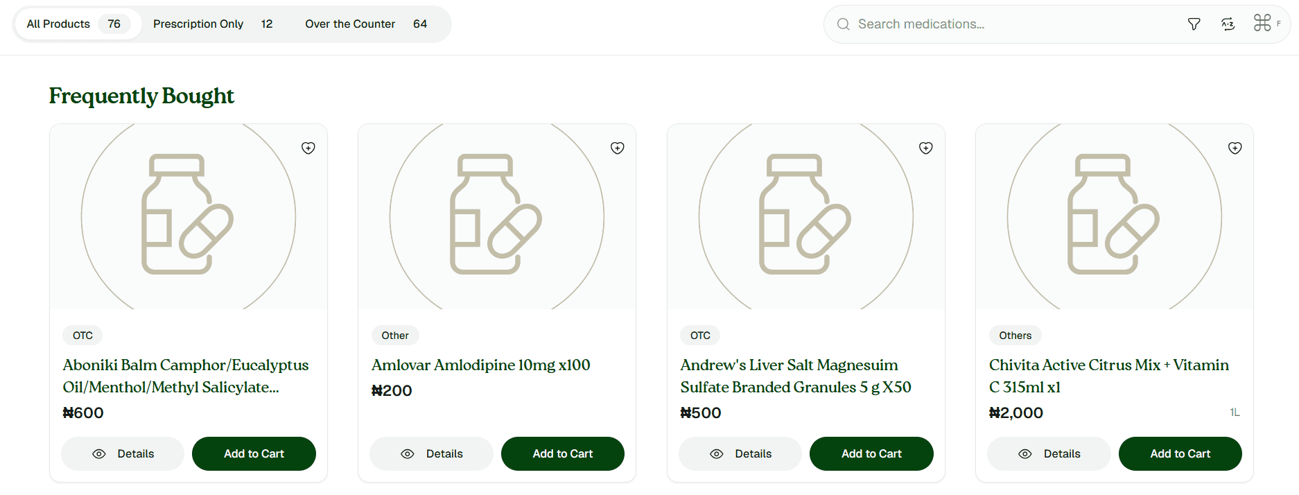 Medications displayed in your online pharmacy storefront