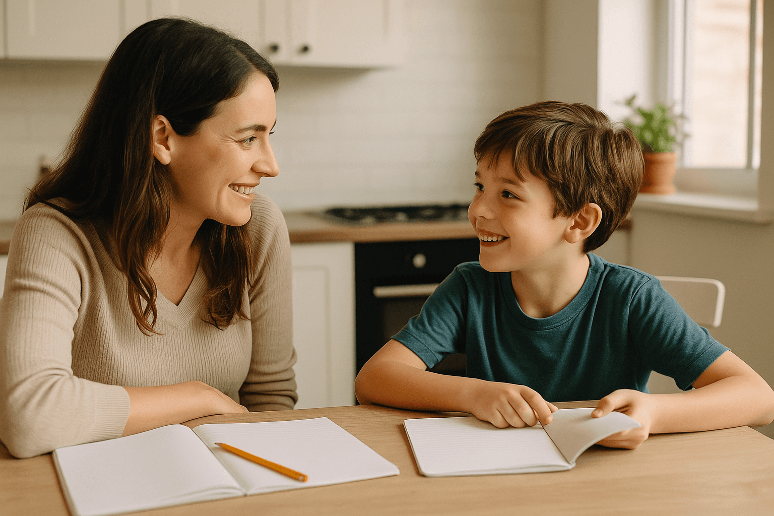 Photo of parent and child having an engaged conversation at kitchen table