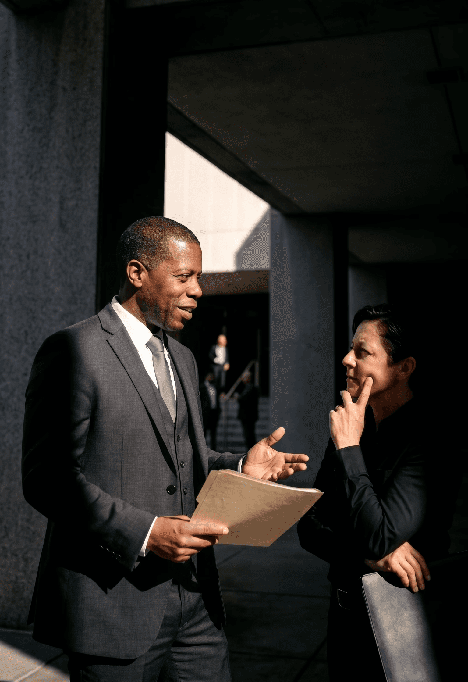 Two individuals in formal business attire engage in conversation in a dim hallway, one holding a document folder, emphasizing a professional setting.