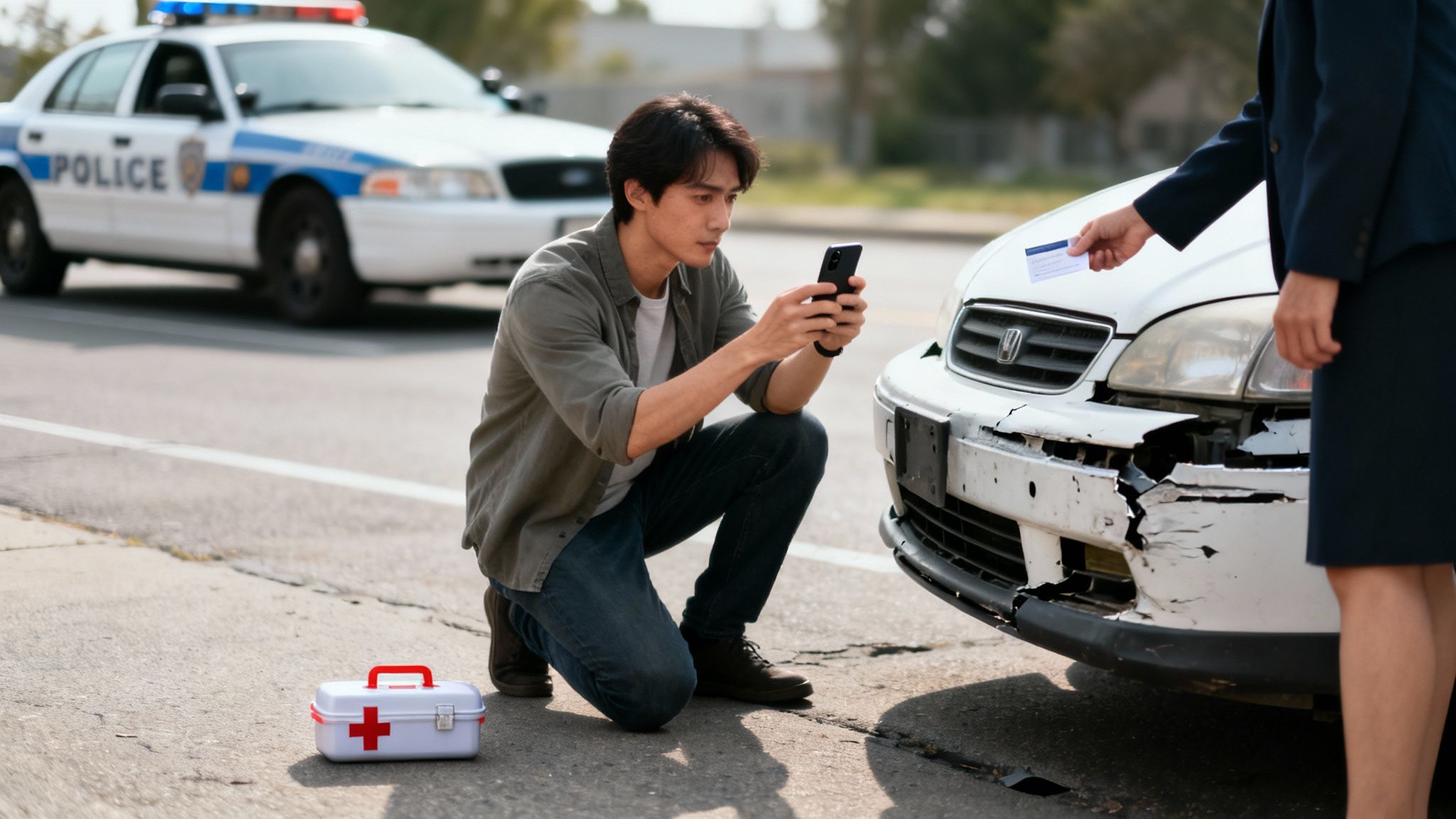 Man photographing car accident damage as woman offers card, with first aid kit and police car nearby.