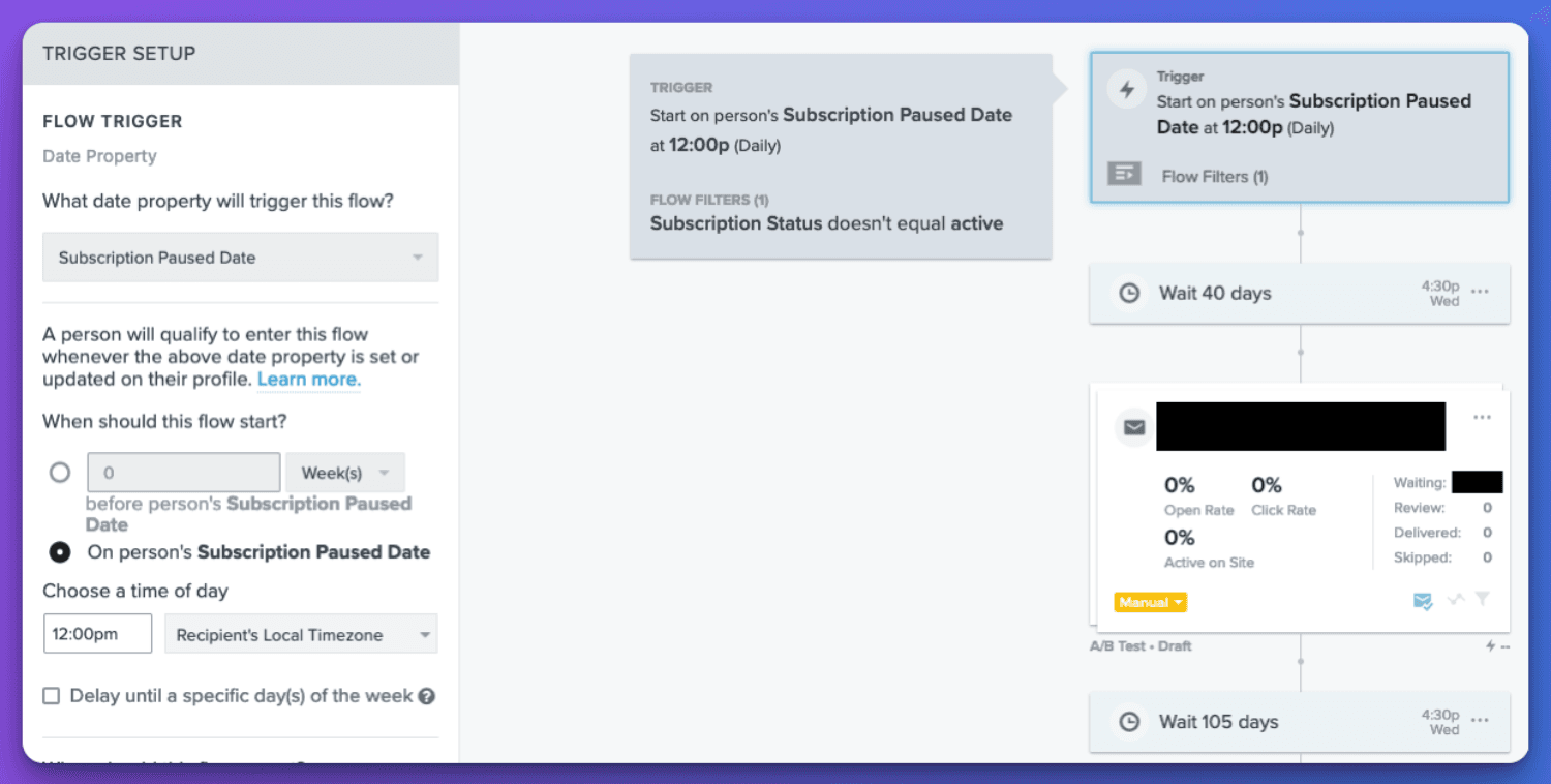 Date Property Triggers.png: "Klaviyo date property trigger setup with flow example for subscription paused date and applied flow filters."