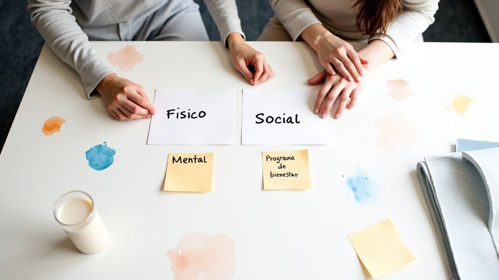 Personas discutiendo el bienestar con tarjetas sobre aspectos físico, social y mental, y programa de bienestar.