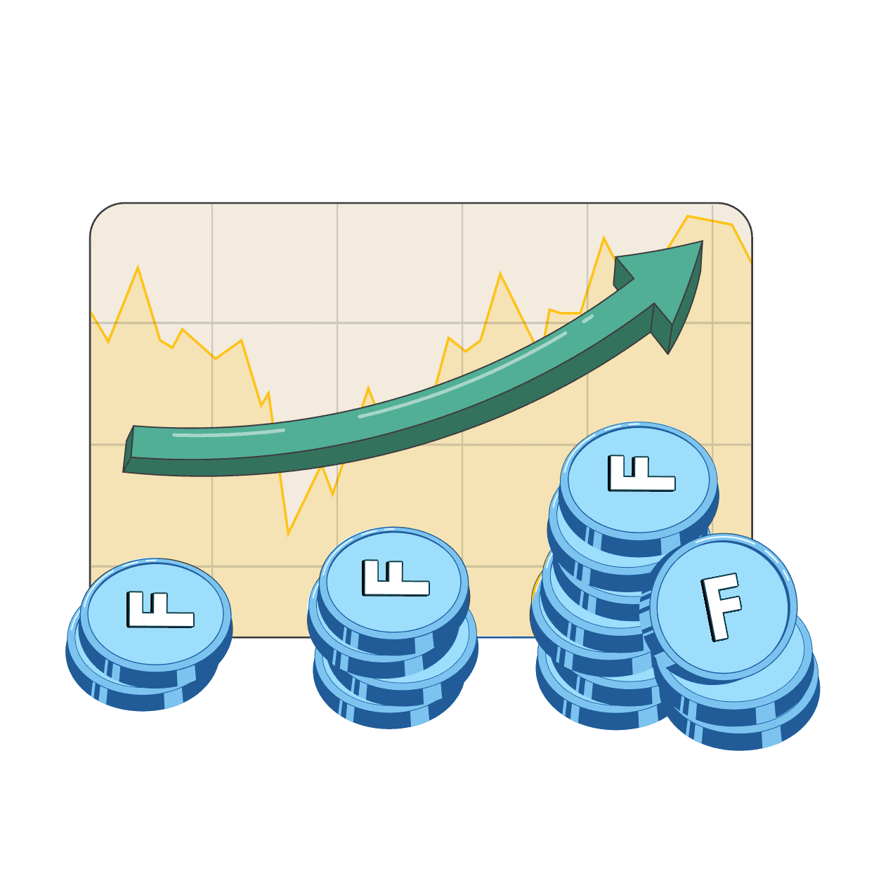 illustration of a bitcoin price going up with bitcoins all around