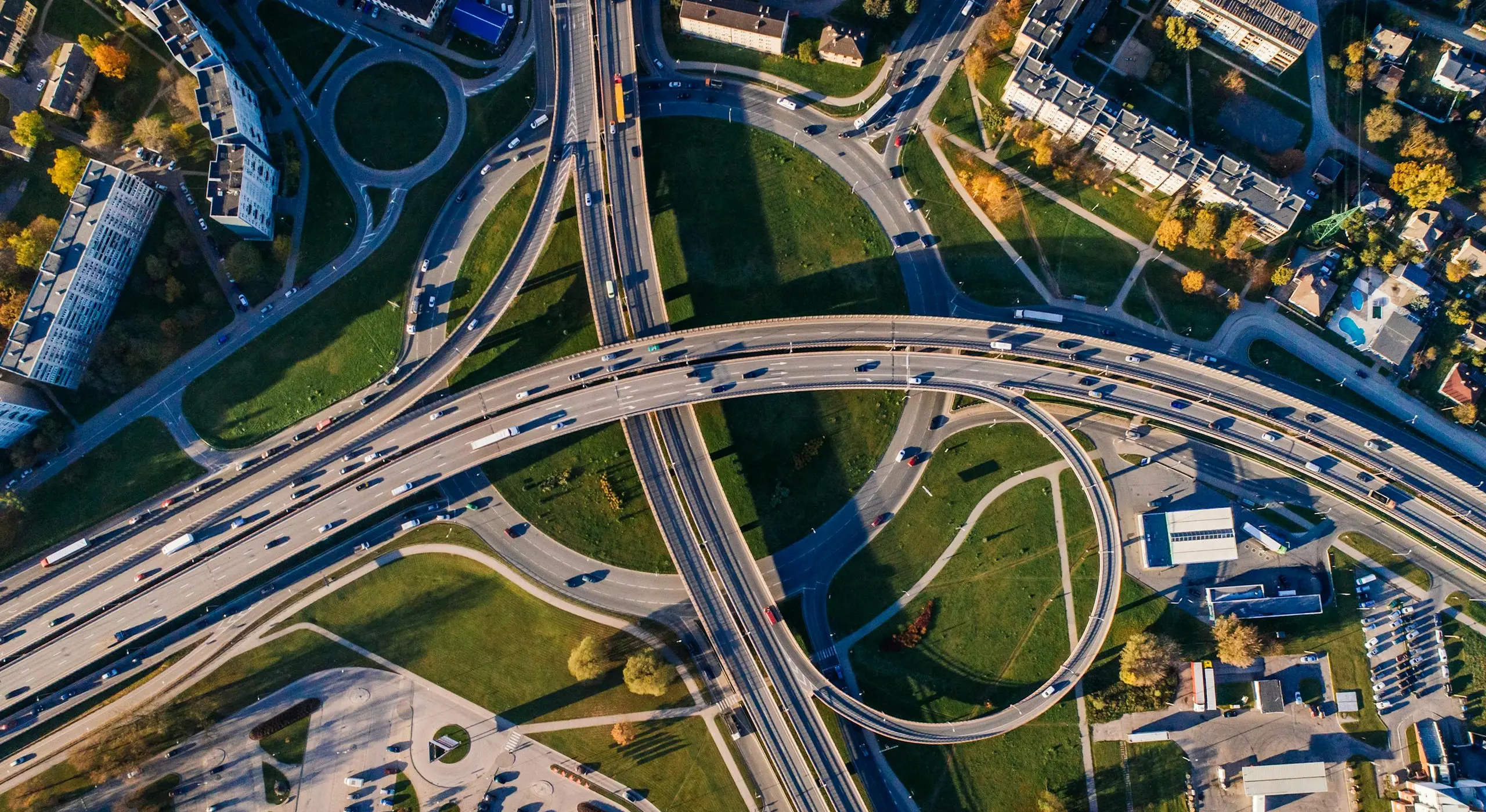 Upward view of a highway interchange.