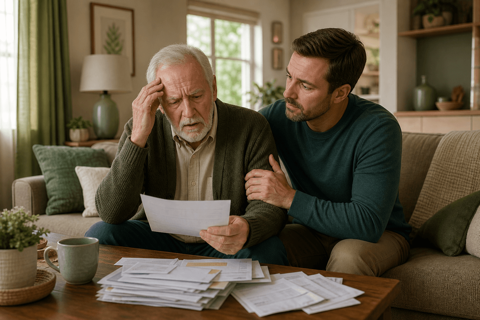 Adult child noticing an aging parent struggling with mail and bills at home