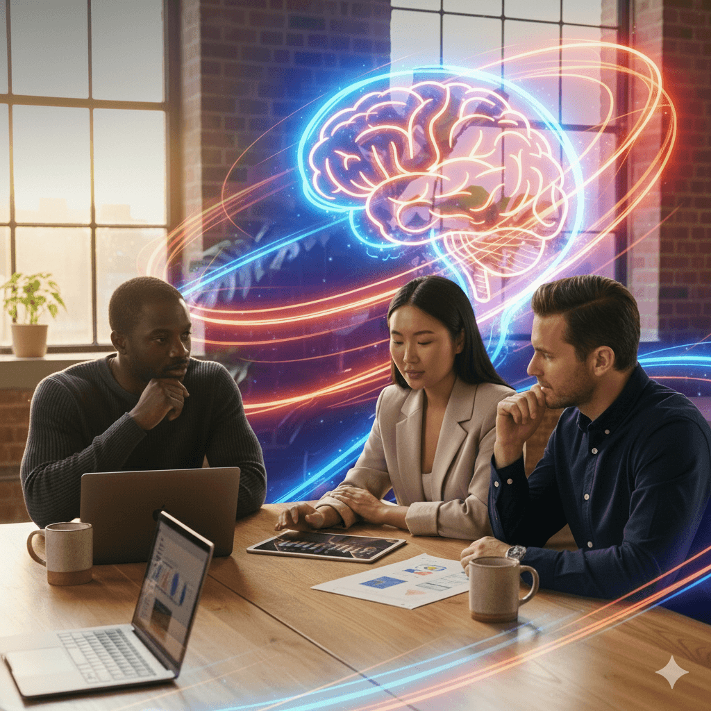 Three people are engaged in a lively discussion around a table with laptops, papers, and coffee mugs, while a glowing digital illustration of a brain surrounded by dynamic light trails hovers in the air, symbolizing creativity and innovation.