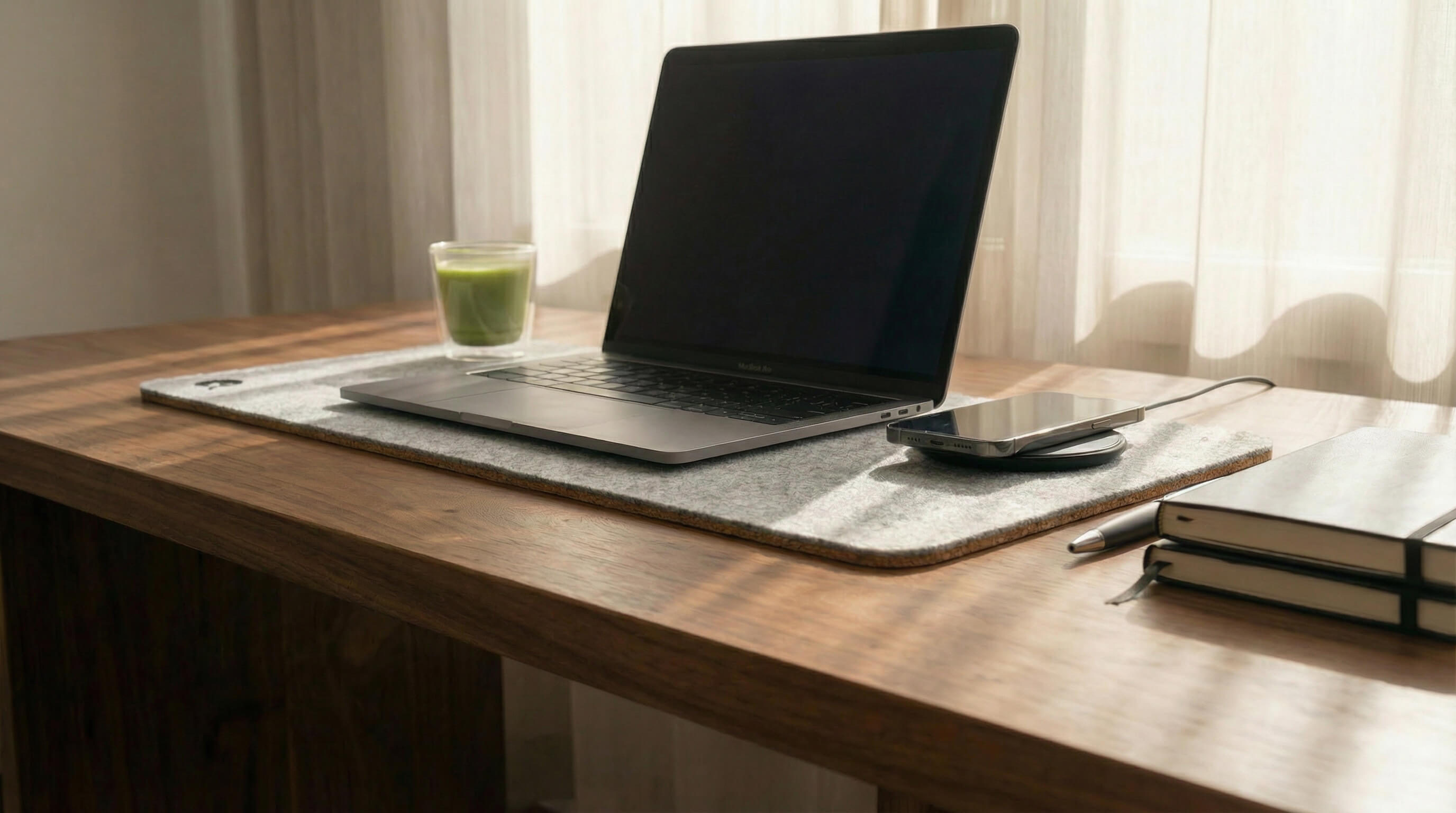 Light grey felt desk pad under a MacBook on a wooden home office desk