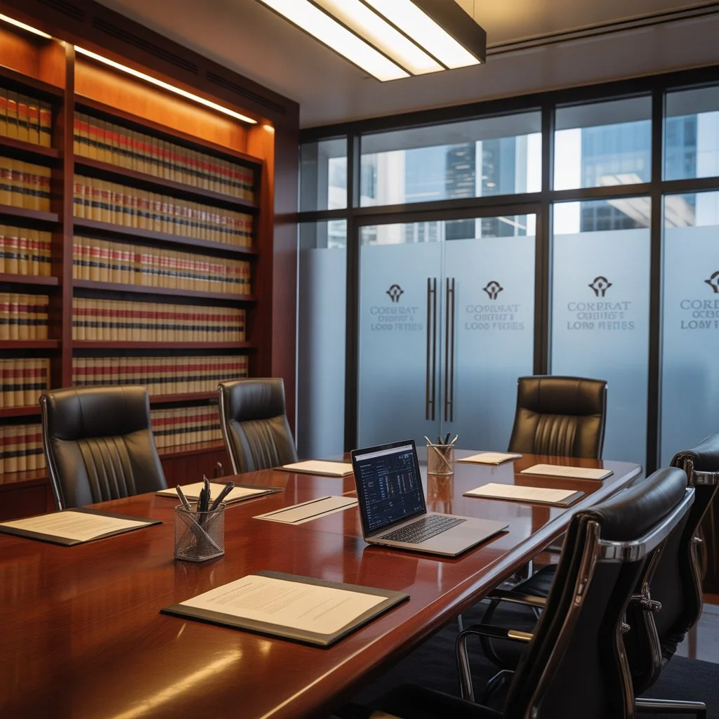Besprechungsraum einer Anwaltskanzlei mit Gesetzesbüchern und Laptop – Unternehmensrechtsschutz Beratung