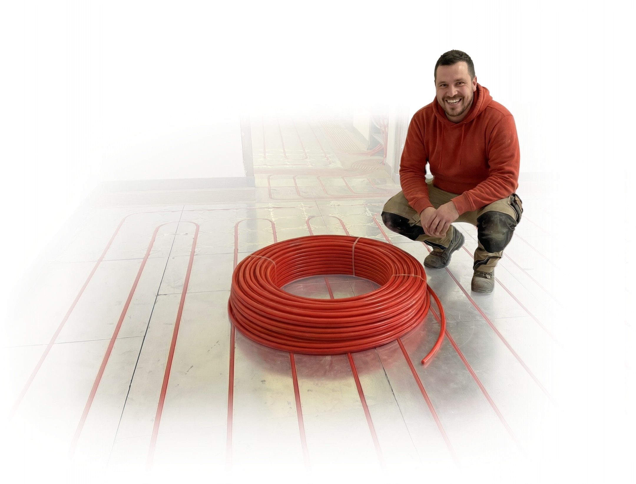 Header Bild für mobile Version mit einem Baby und einer Auflistung verschiedener Merkmale unserer Fußbodenheizung.