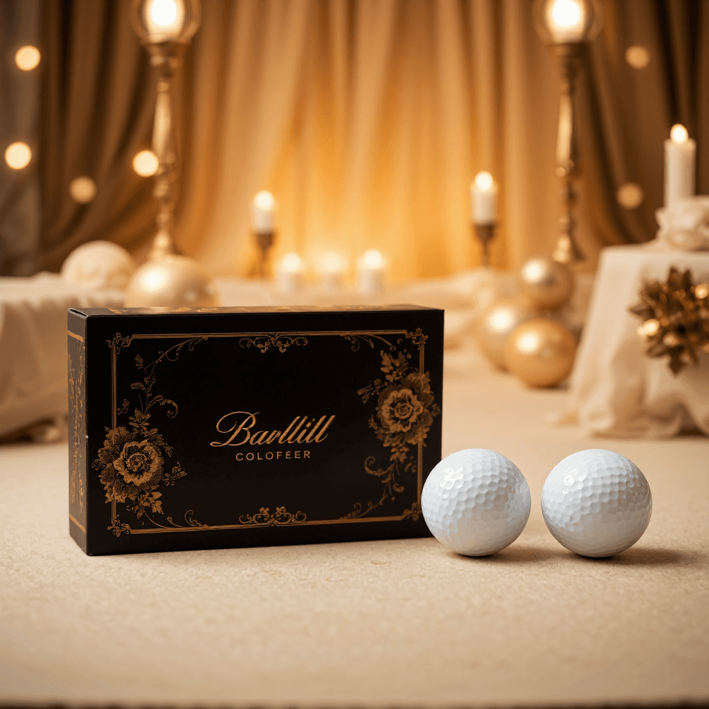 product photography of a box of golf balls with a decorative design