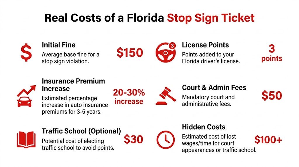 An infographic detailing the various financial and administrative consequences of receiving a stop sign ticket in Florida.