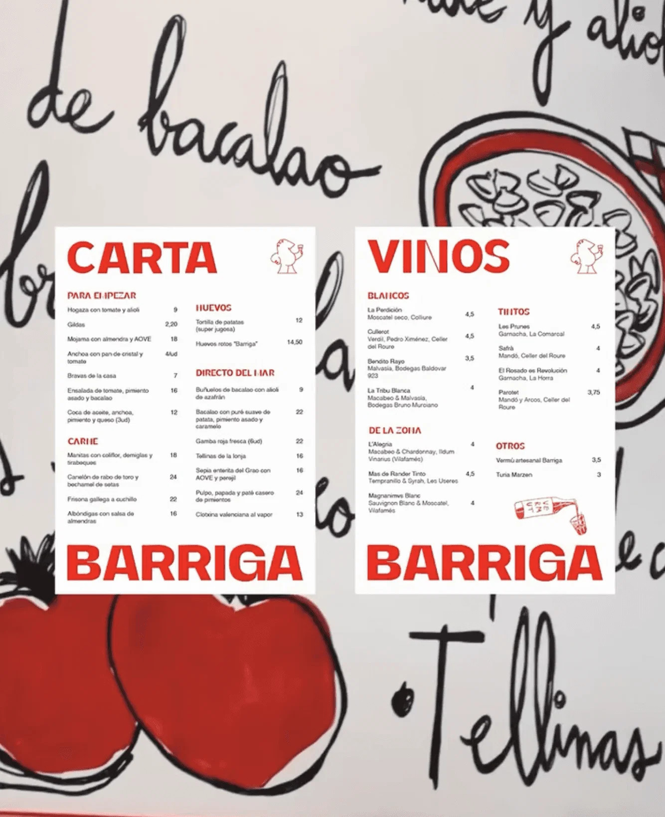 Carta de platos y carta de vinos de la tasca valenciana Barriga