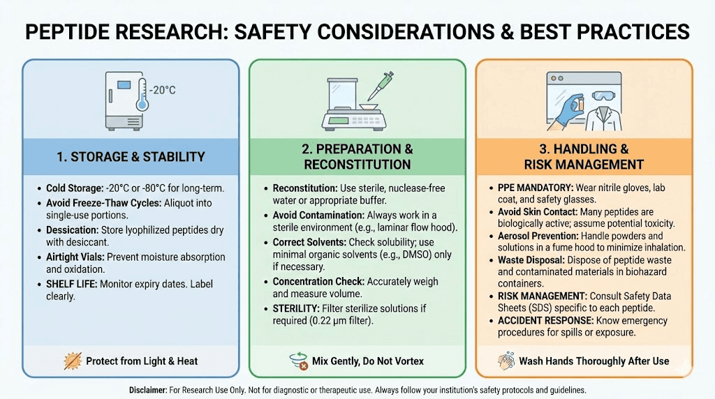 Peptide research safety and handling guidelines infographic