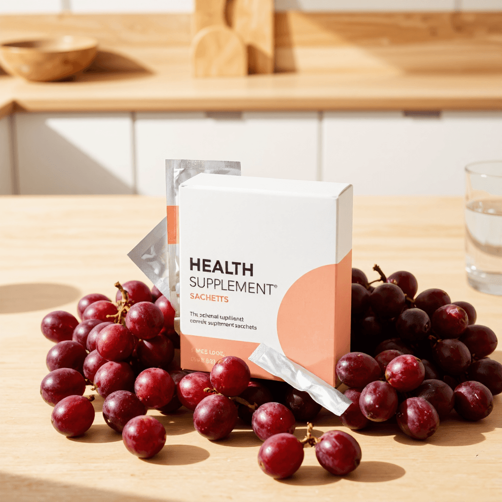 product photography of a box of health supplement with individual sachets