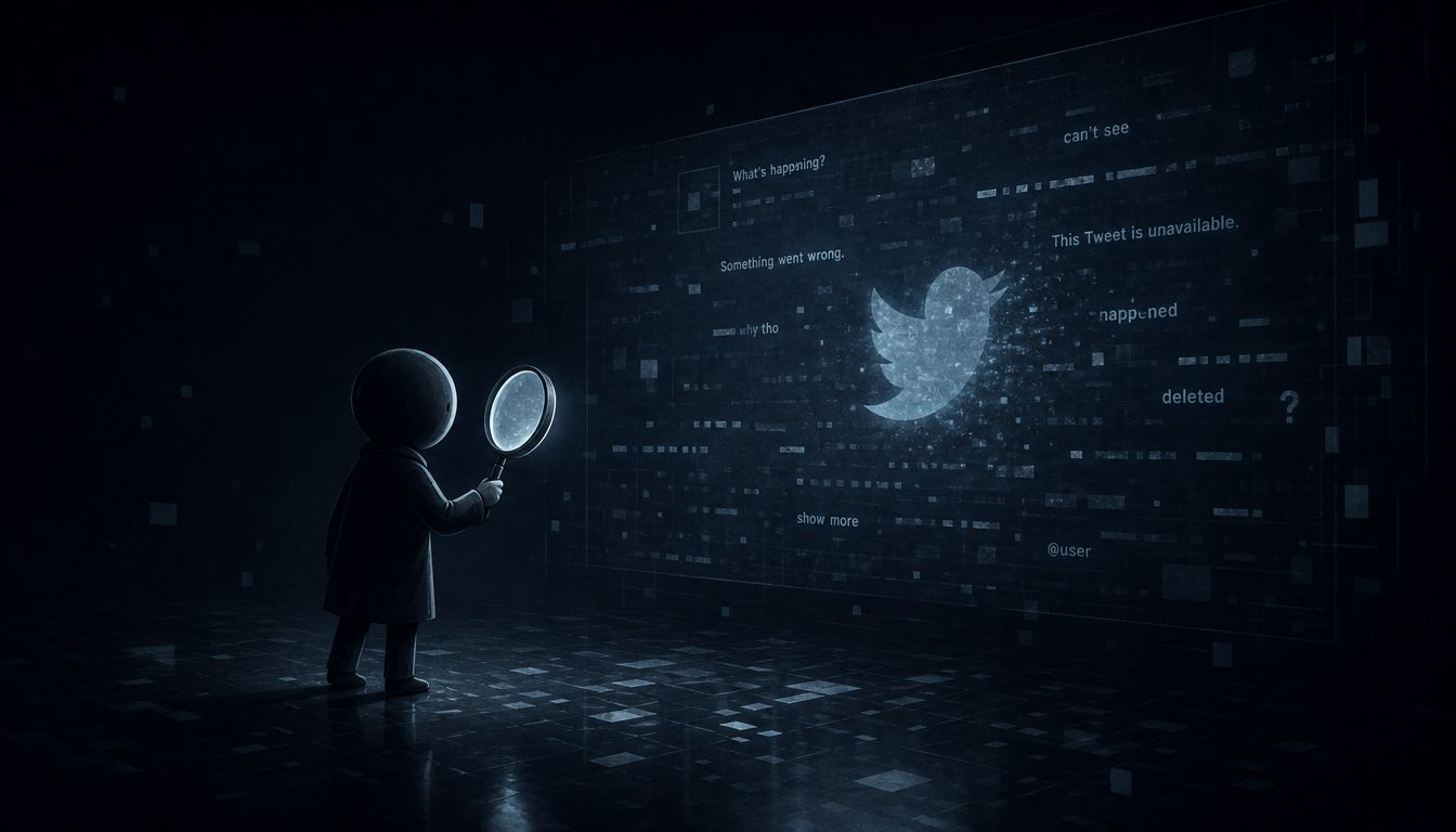 A small character uses a magnifying glass to inspect a digital screen showing a Twitter error message.