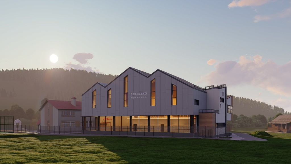 3d візуалізація архітектурного проєкту школи з укриттям