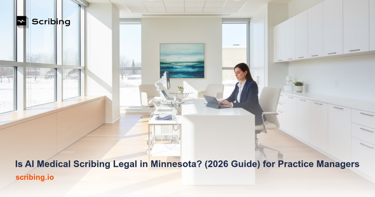 Modern medical office with AI-assisted clinical documentation tools representing legal compliance for AI medical scribing in Minnesota