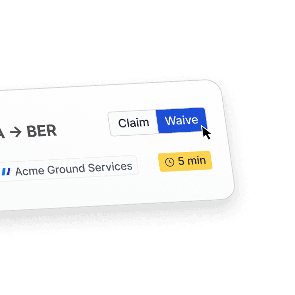 An interactive web-app interface displays flight details for "BER" with options to "Claim" or "Waive" service provided by "Acme Ground Services" with a 5-minute response time, highlighting innovation and performance in aviation service solutions.