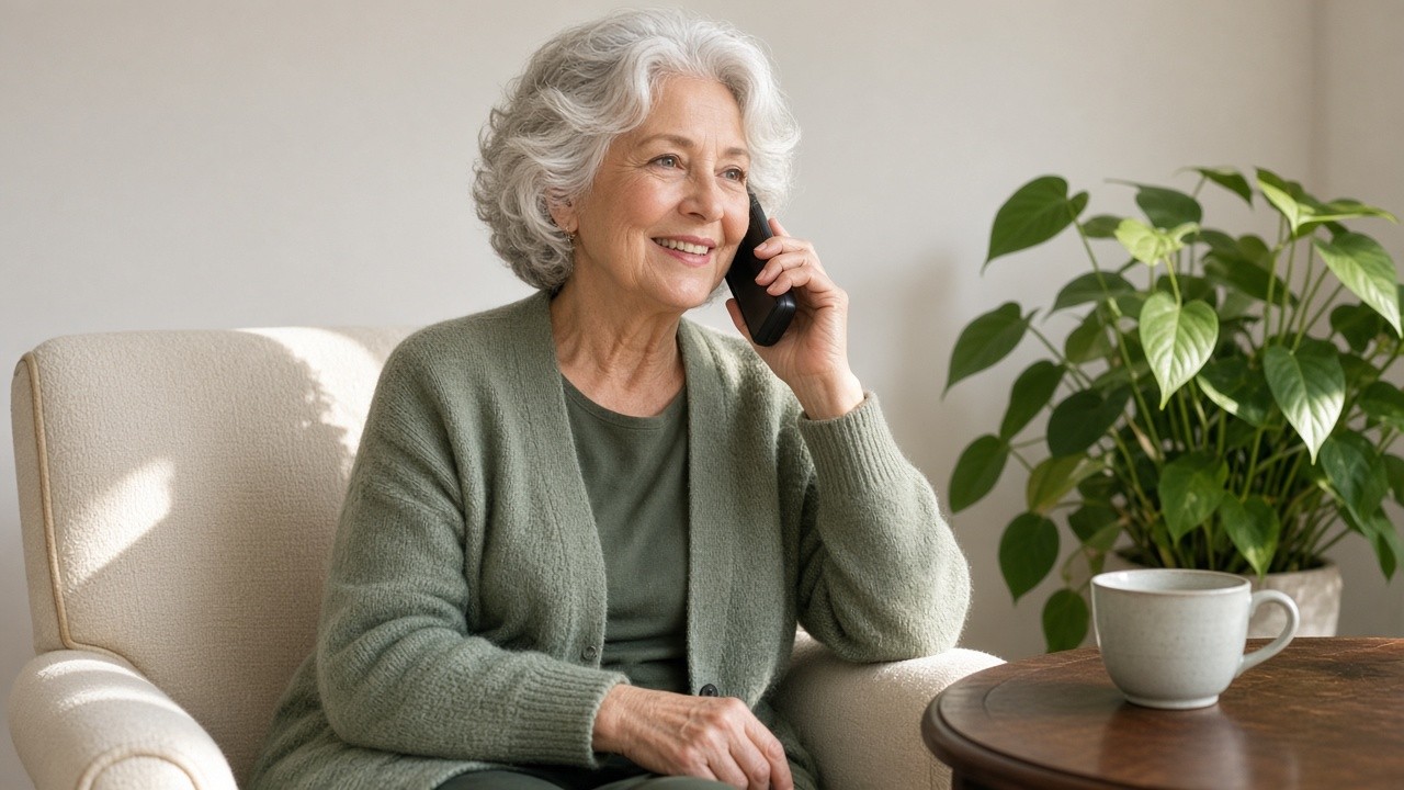 The image depicts an elderly woman with gray hair, wearing a green sweater and shirt, sitting comfortably in a beige armchair. She is smiling and holding a black telephone handset to her ear, indicating she is engaged in a pleasant phone conversation. In front of her is a wooden table with a ceramic cup, and in the background, there is a green potted plant. The setting suggests a cozy and calm home environment, potentially useful for illustrating themes of communication, senior care, or social interaction in elder adults.