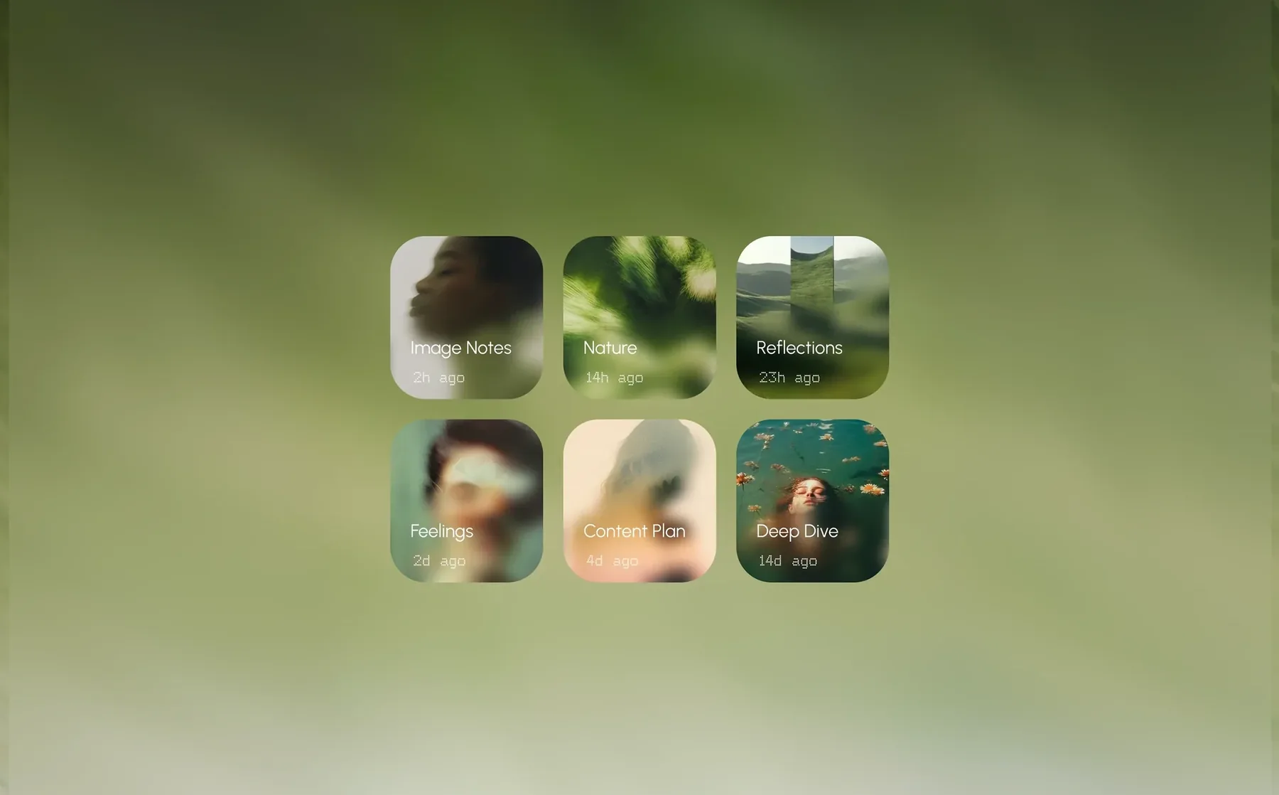 MyNotes “Organize your moments” screen: six image-note tiles under the sunburst mark, on a soft green gradient