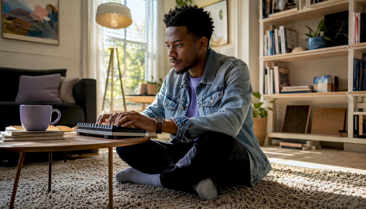 Hands typing in bespoke website redesign workspace
