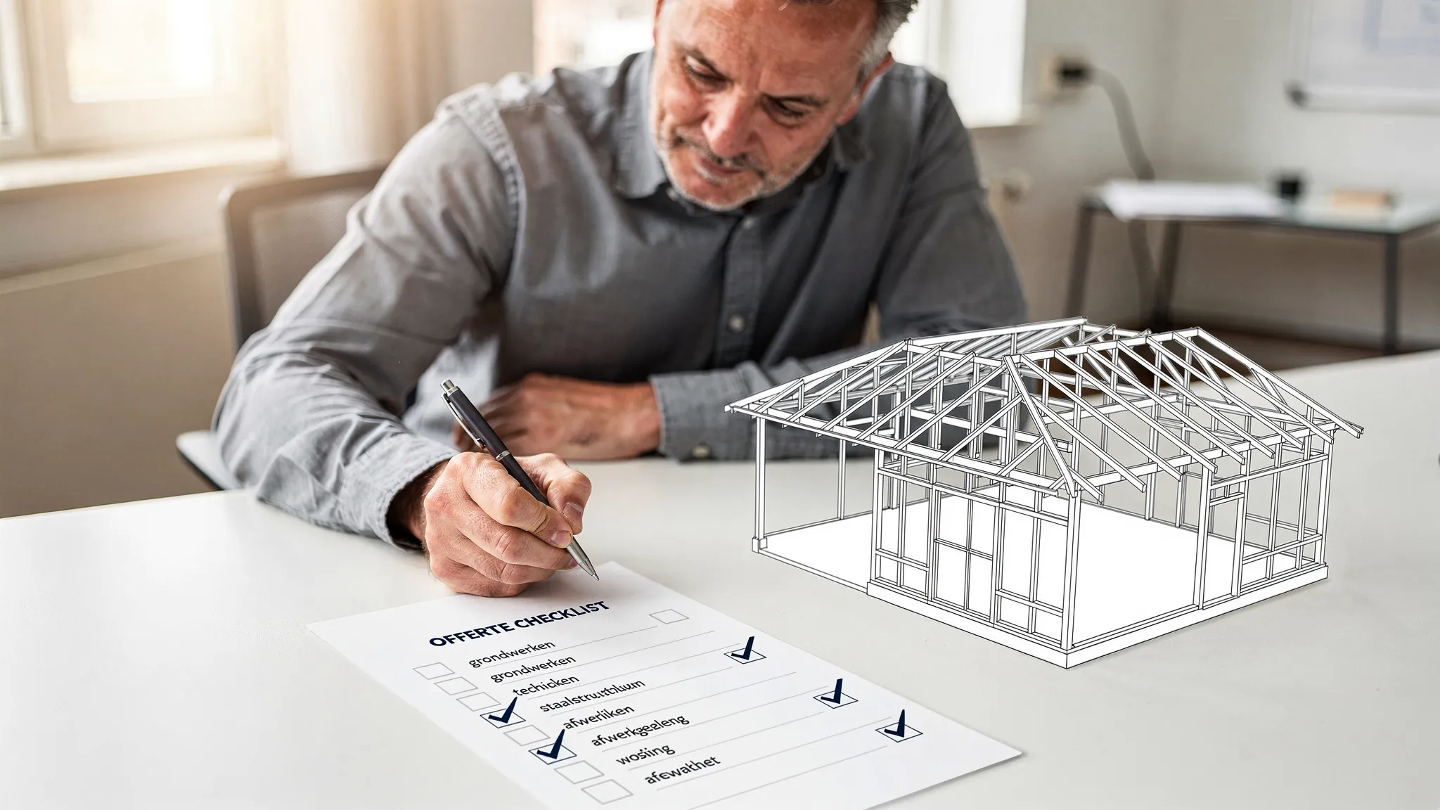 Een bouwheer bekijkt een offerte-checklist op papier naast een eenvoudige illustratie van een staalstructuur woning, met markeringen bij posten zoals grondwerken, technieken en afwerking.