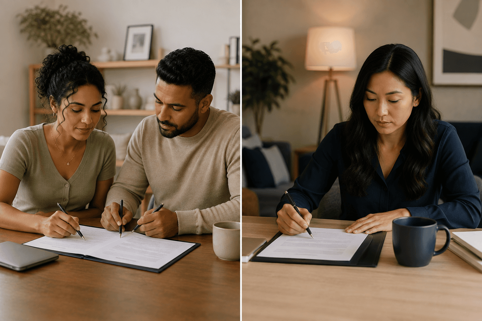 Comparison of a couple completing divorce documents together and one spouse completing divorce paperwork independently in Ontario.