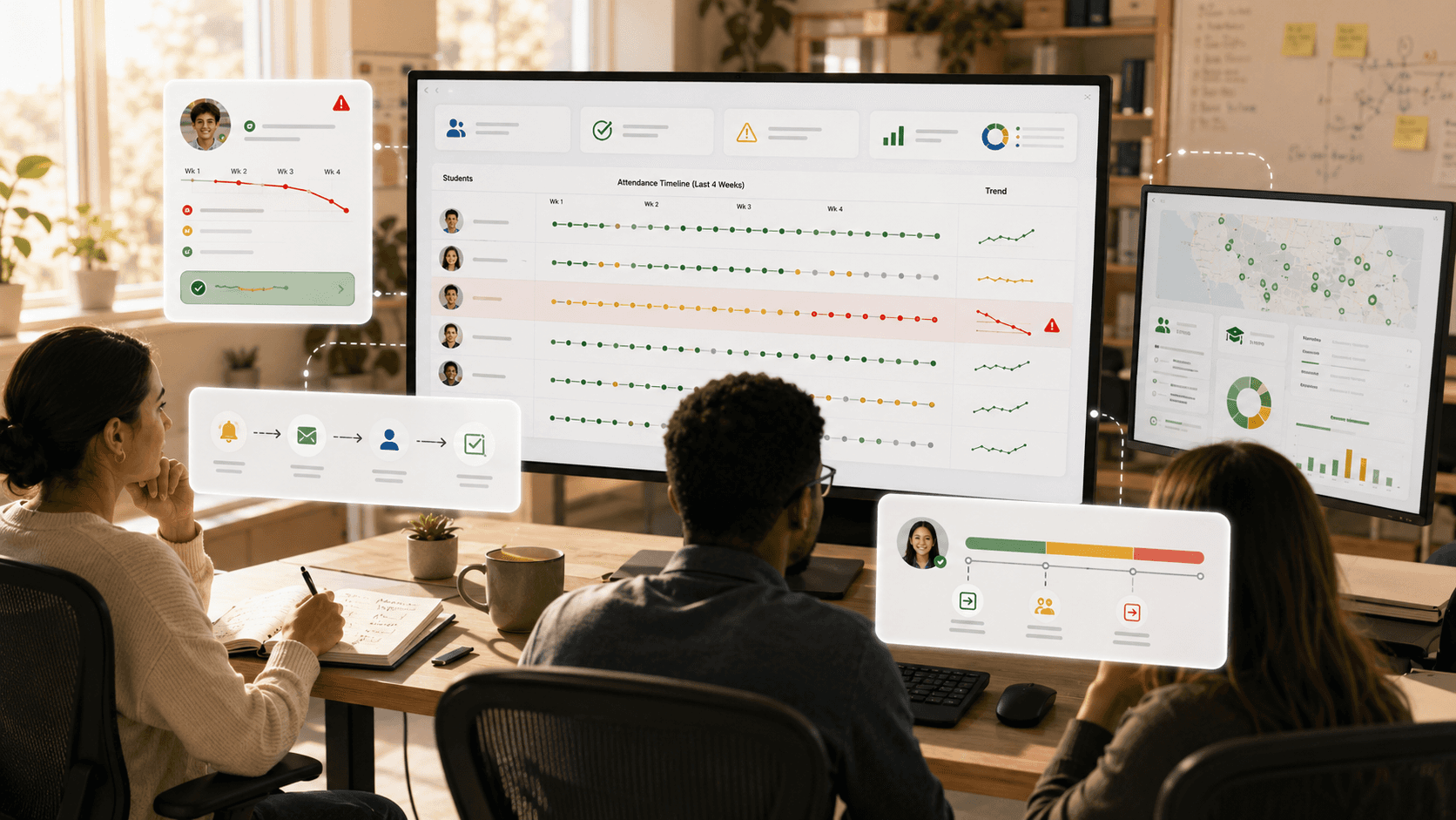 AI-powered virtual classroom dashboard with attendance tracking, student risk alerts, intervention workflows, and engagement analytics