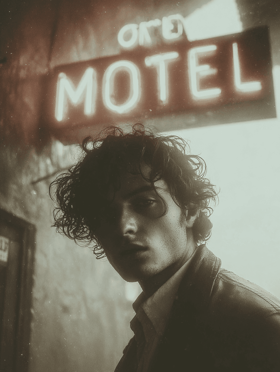 A man with tousled hair and a leather jacket stands in front of a glowing “MOTEL” sign, lit by soft neon and shadows, evoking a cinematic, noir atmosphere.
