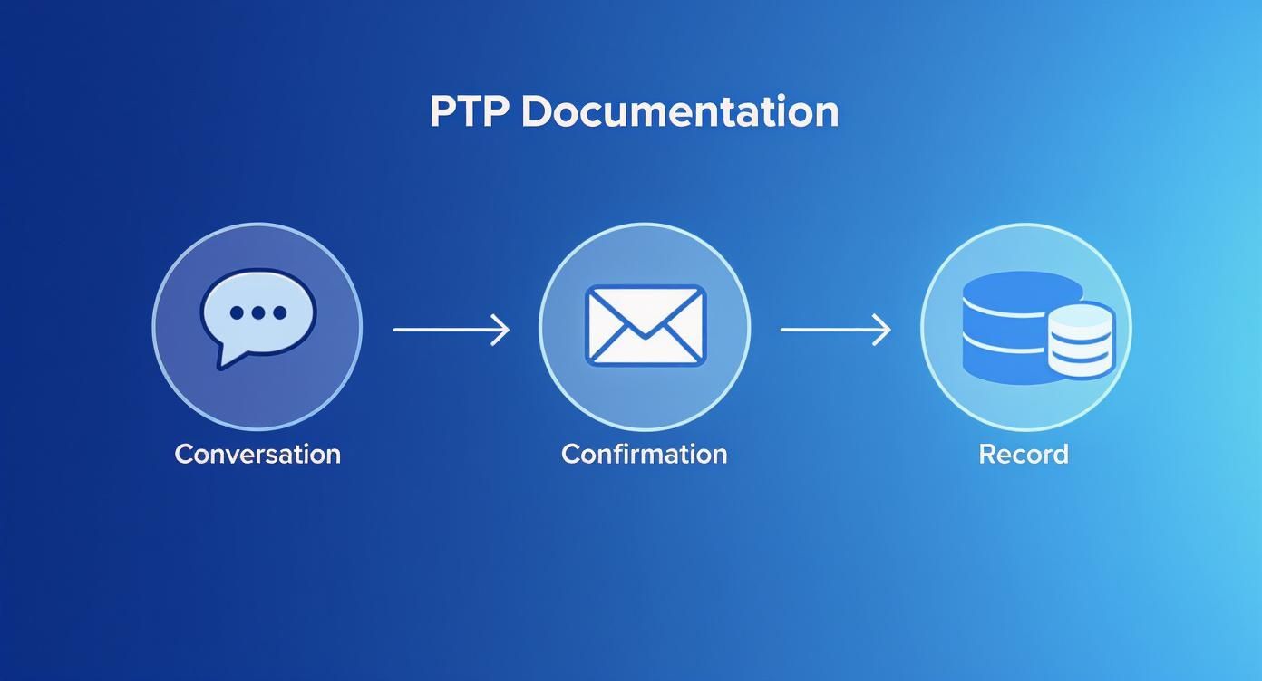 Flowchart illustrating the PTP documentation process steps: Conversation, Confirmation, and Record.