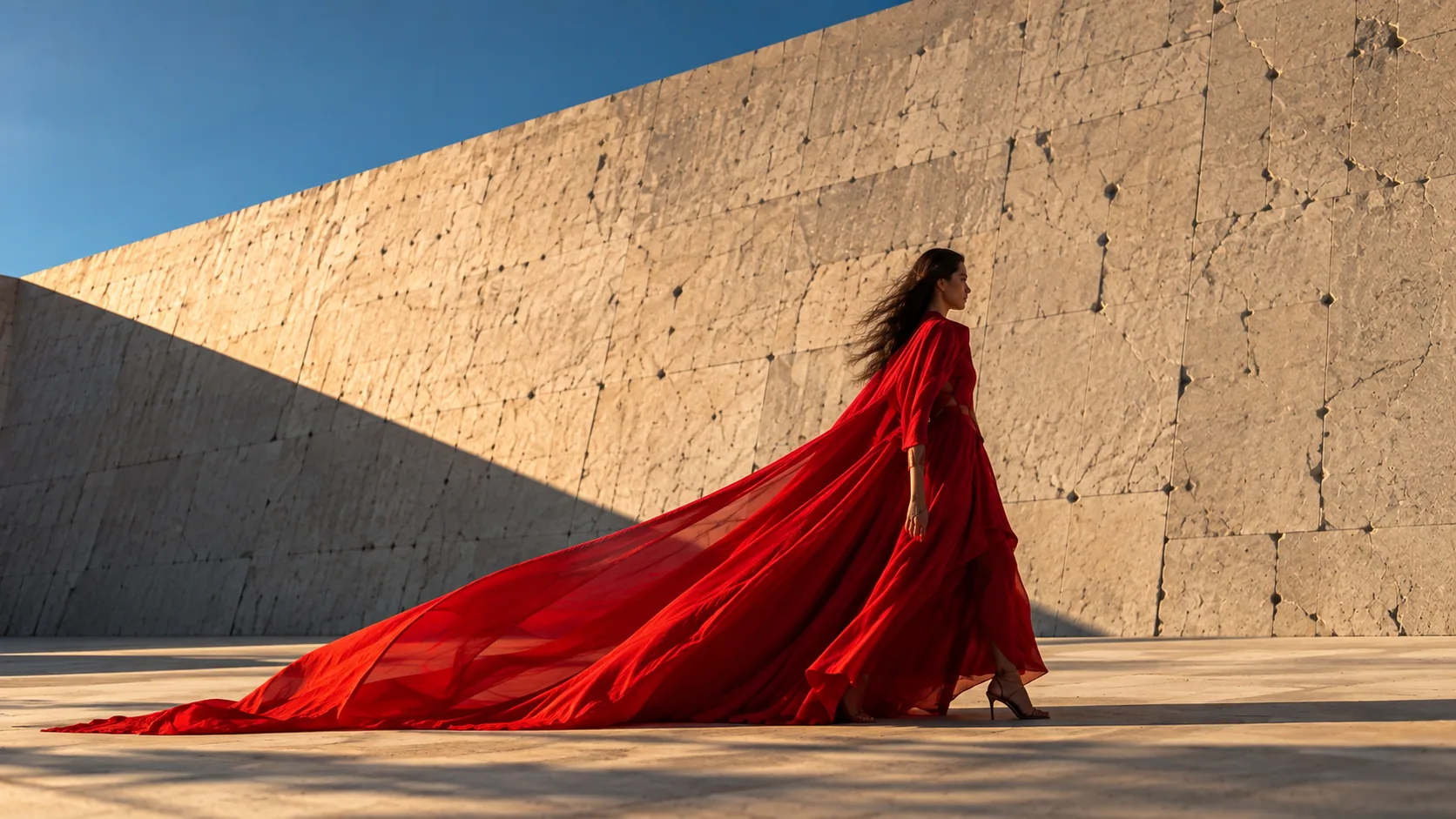 Crimson gown against brutalist concrete