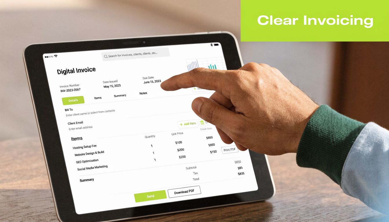 A hand touching a tablet screen displaying a digital invoice template with various business service line items.