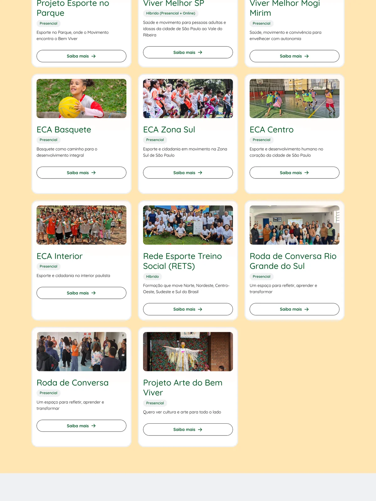 Lista de projetos na página inicial do site do Instituto Teko Porã no computador