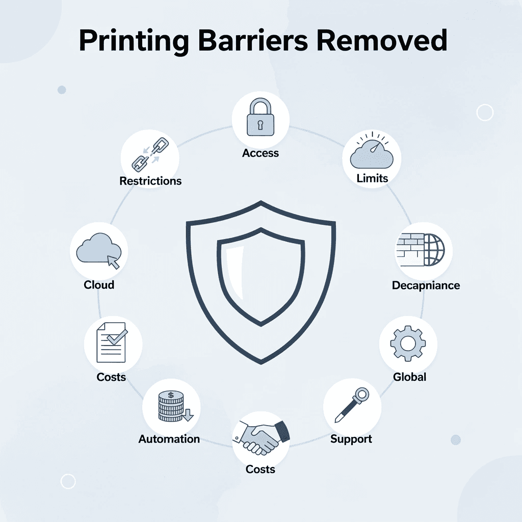 Shield badge showing printing barriers removed with no minimums, low prices, small orders accepted, and color matching