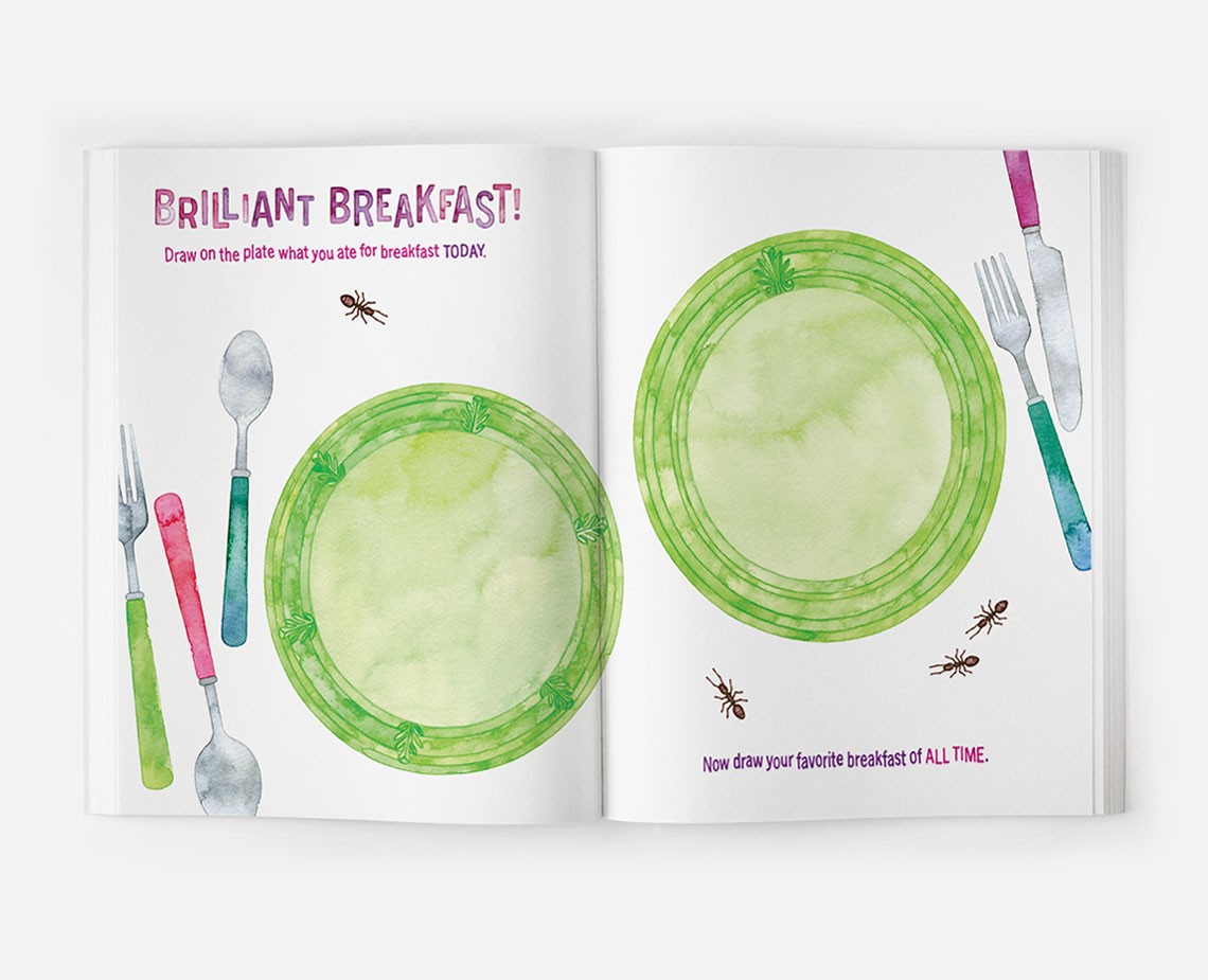 An open children's book displays two green plates with pale green centers, flanked by pink and teal forks and spoons. Small ants are scattered around the plates. The text at the top reads “BRILLIANT BREAKFAST!” and below, “Draw on the plate what you ate for breakfast TODAY.” At the bottom, “Now draw your favorite breakfast of ALL TIME.”
