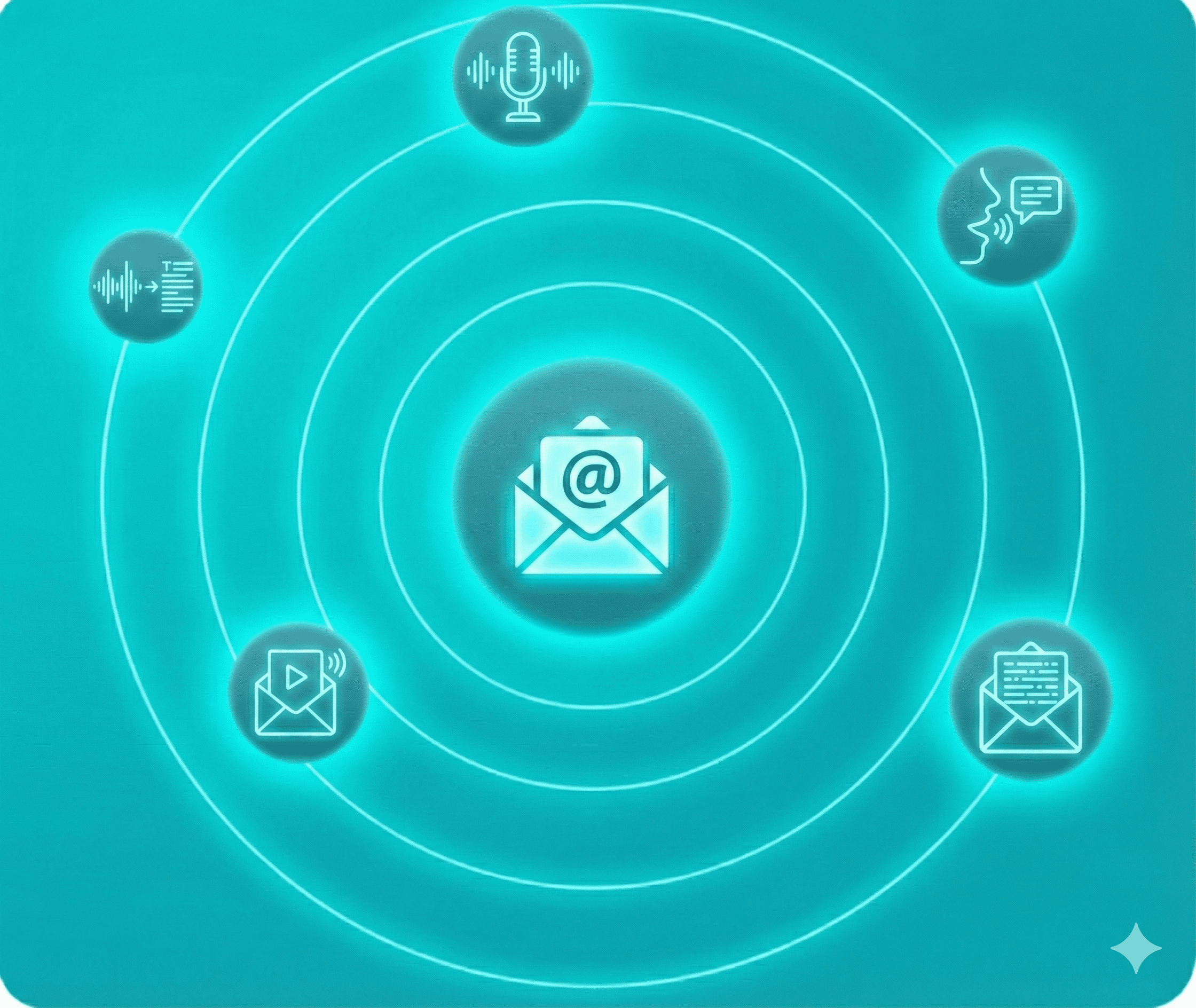 A central icon surrounded by five circular symbols, representing interconnected themes or ideas, on a teal background.