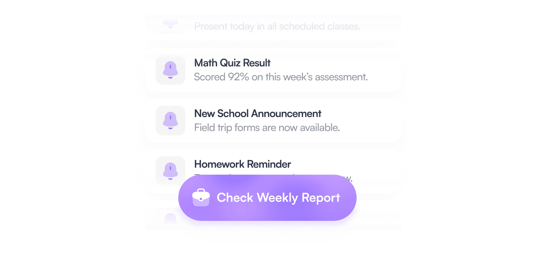 Parent dashboard with announcements, results, and student updates